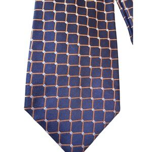 Mens blue orange geometric grid pattern silk tie Ike Behar for Neiman Marcus